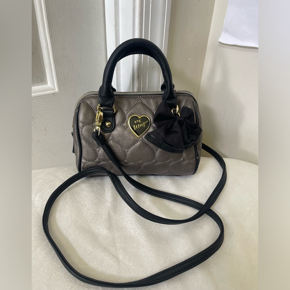 Betsey Johnson Metallic Taupe Mini Satchel with Black Trim